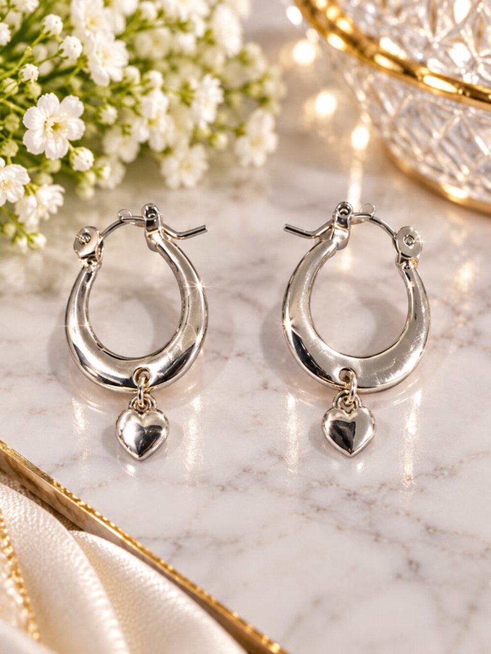 Sensitive Ears Silver Heart Charm Hoop Earrings Hypoallergenic Style - Jewelry